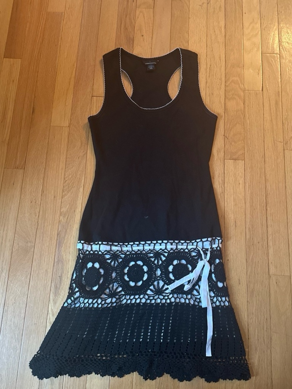 Moda International Black Tank Midi Dress with White Ribbon & Crochet Hem